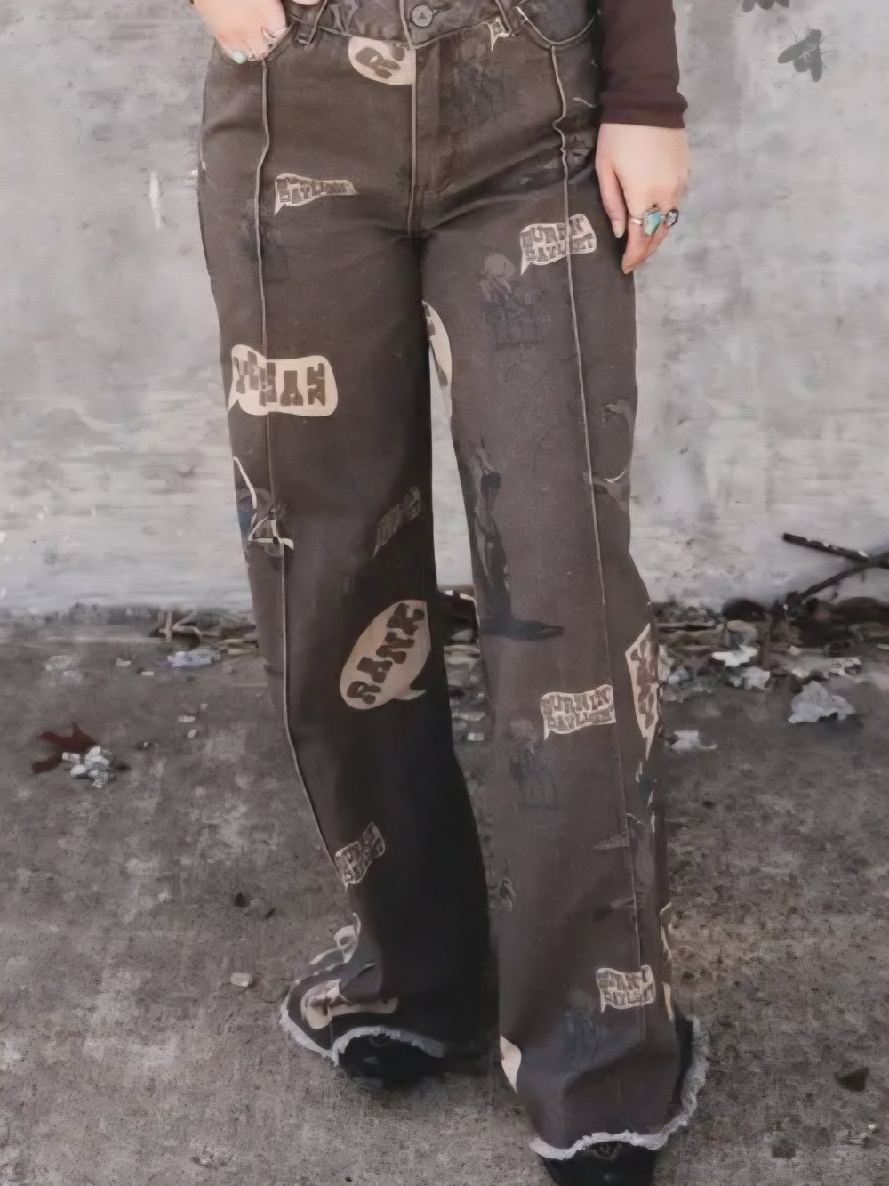 New 2 Fly Brown Rodeo Wide-Leg Jeans with Printed Accents